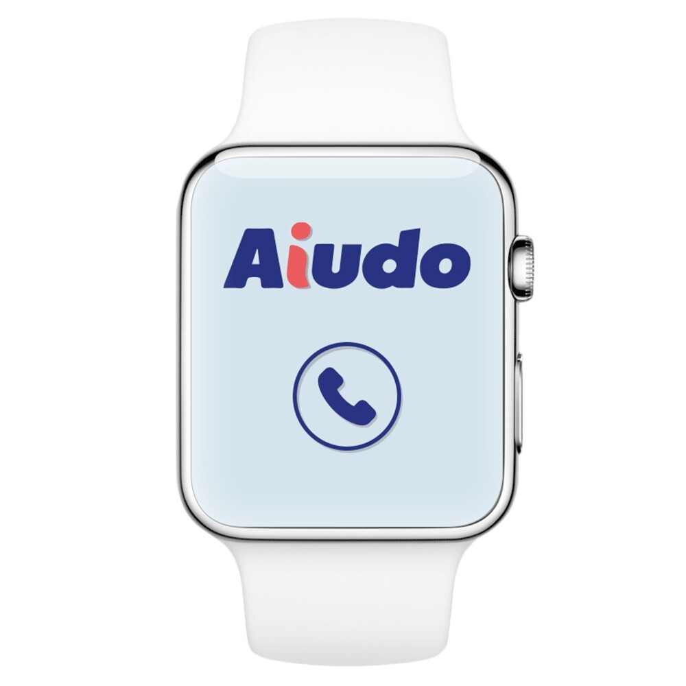 Un reloj de teleasistencia de Aiudo con su logo sobre un fondo azul celeste y el icono de un teléfono.