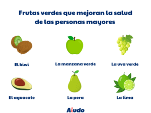 Infografía con frutas verdes recomendadas para personas mayores