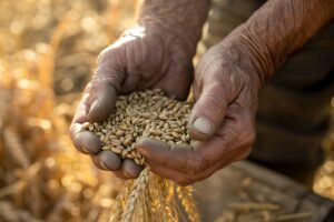 Persona mayor recogiendo un puñado de trigo de un trigal. Primer plano de las manos.