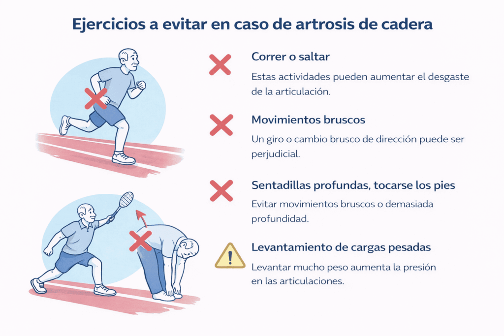 infografía de ejercicios que evitar en caso de artrosis de cadera 