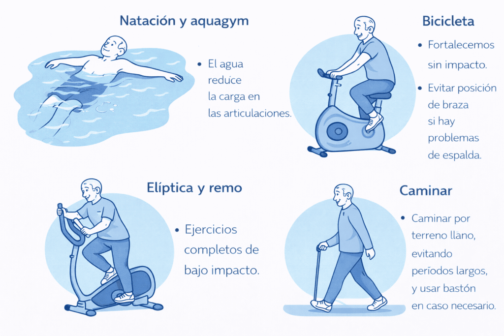 Ejercicios beneficiosos para la artrosis de cadera, en la imagen aparecen 4 dibujos con texto de actividades que son beneficiosas y se pueden practicar sin suponer un riesgo. Un hombre nadando, natación, montando en bici eliptica, en bicicleta estática y caminando con bastón. 